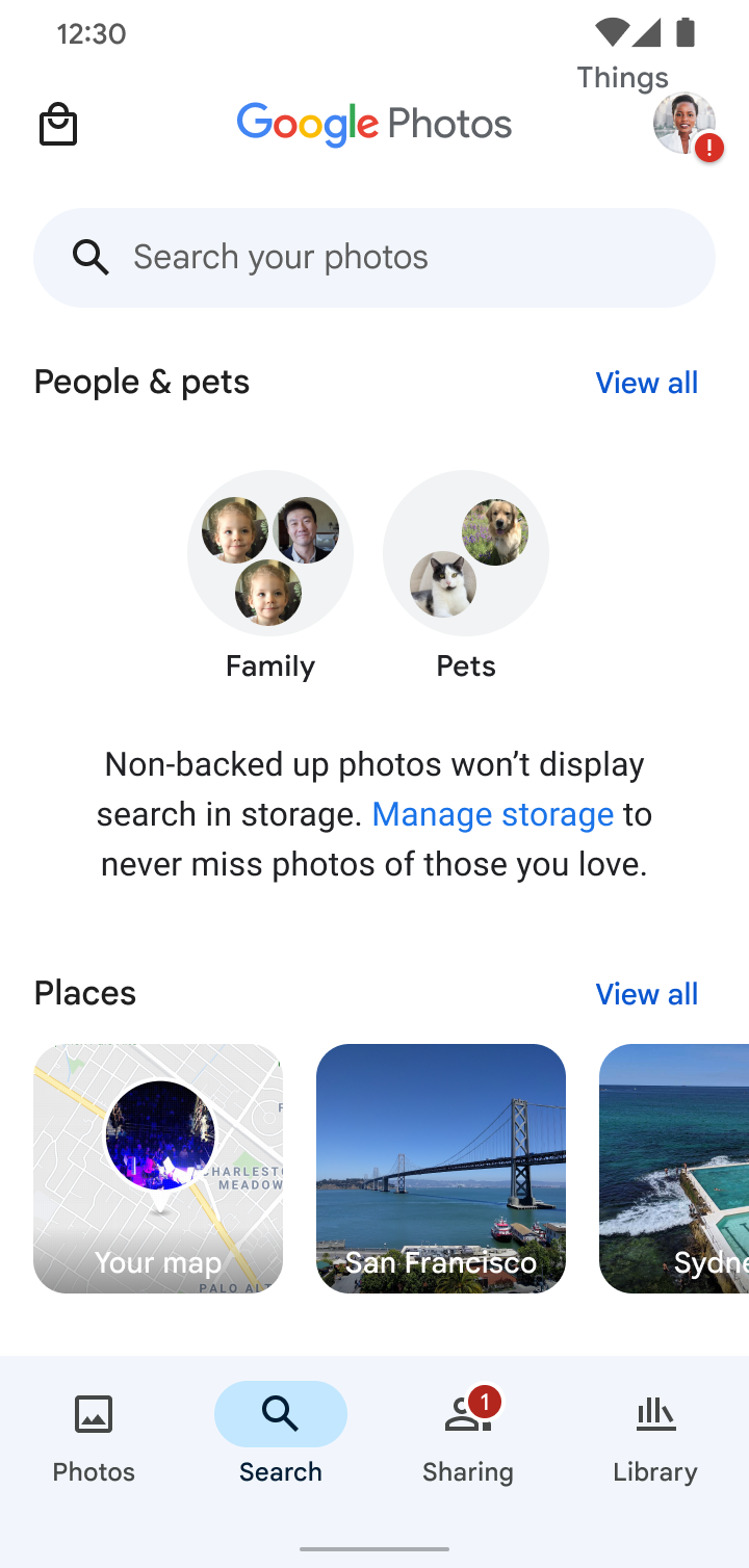 Google Photos search — Family and Pets face groups surfaced from local photos.